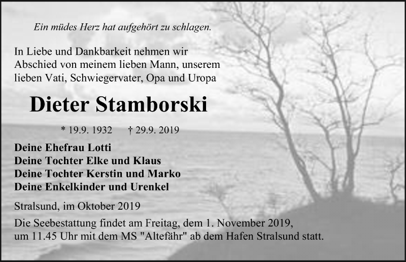  Traueranzeige für Dieter Stamborski vom 12.10.2019 aus Ostsee-Zeitung GmbH