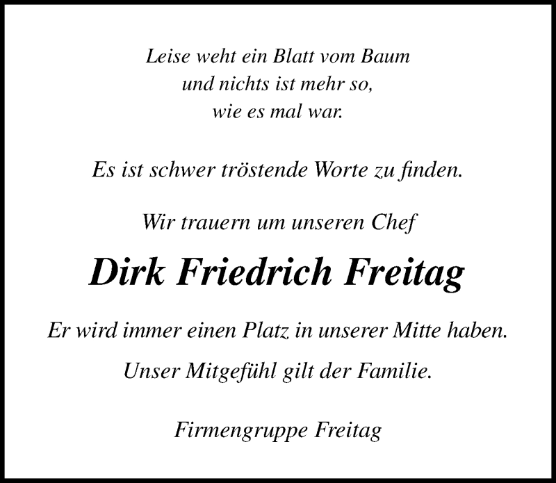 Traueranzeige für Dirk Friedrich Freitag vom 23.10.2019 aus Lübecker Nachrichten