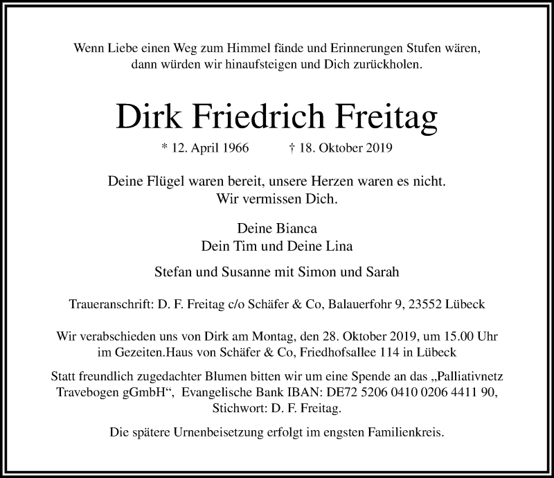  Traueranzeige für Dirk Friedrich Freitag vom 23.10.2019 aus Lübecker Nachrichten