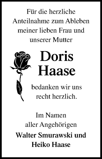 Traueranzeige von Doris Haase von Ostsee-Zeitung GmbH