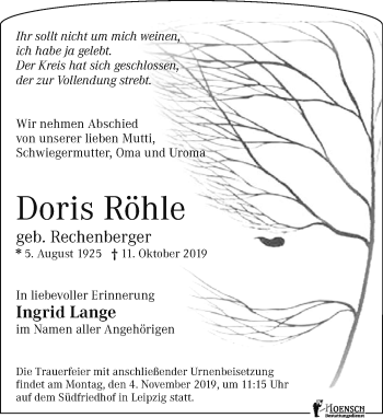 Traueranzeige von Doris Röhle von Leipziger Volkszeitung