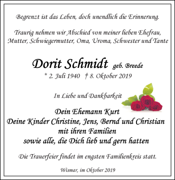 Traueranzeige von Dorit Schmidt von Ostsee-Zeitung GmbH