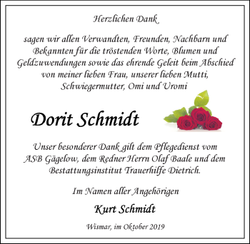 Traueranzeige von Dorit Schmidt von Ostsee-Zeitung GmbH