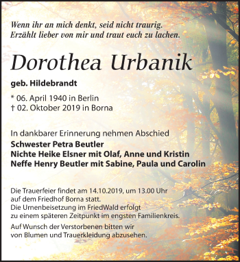 Traueranzeige von Dorothea Urbanik von Leipziger Volkszeitung