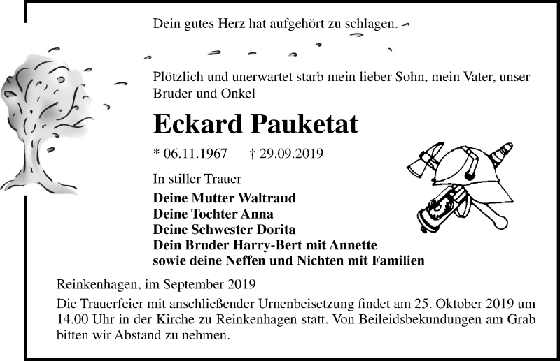  Traueranzeige für Eckard Pauketat vom 12.10.2019 aus Ostsee-Zeitung GmbH