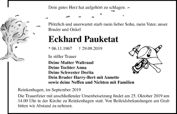 Traueranzeige von Eckhard Pauketat von Ostsee-Zeitung GmbH