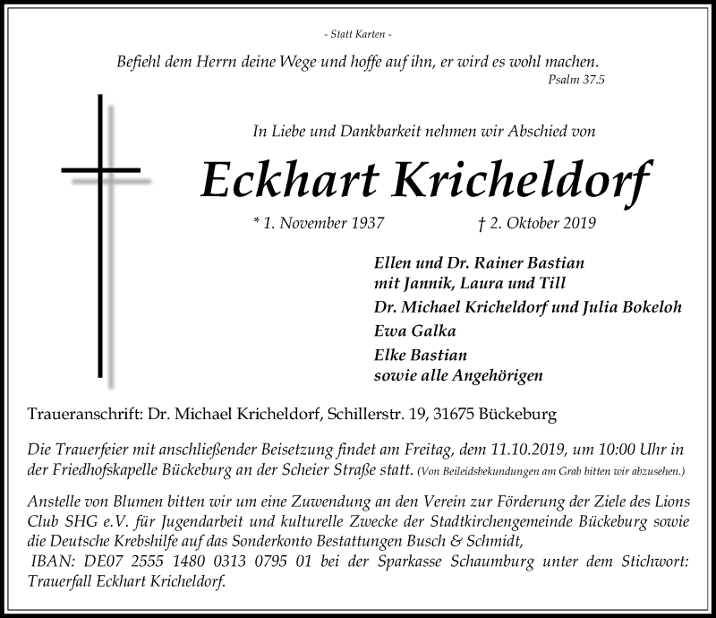  Traueranzeige für Eckhart Kricheldorf vom 07.10.2019 aus Schaumburger Nachrichten