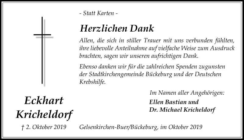  Traueranzeige für Eckhart Kricheldorf vom 19.10.2019 aus Schaumburger Nachrichten