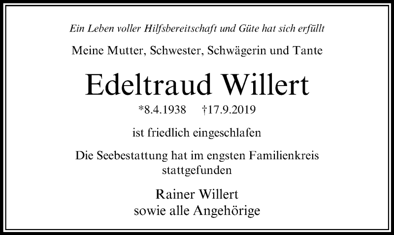  Traueranzeige für Edeltraud Willert vom 13.10.2019 aus Lübecker Nachrichten