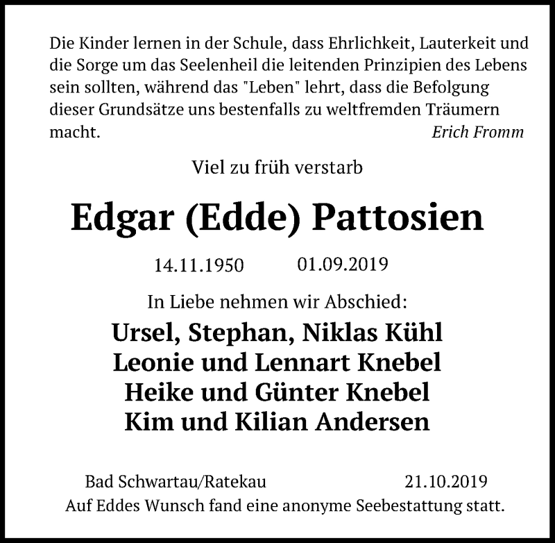  Traueranzeige für Edgar  Pattosien vom 27.10.2019 aus Lübecker Nachrichten
