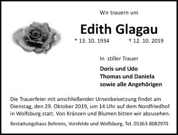 Traueranzeige von Edith Glagau von Aller Zeitung