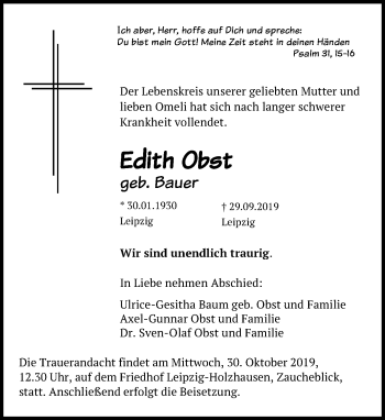 Traueranzeige von Edith Obst von Leipziger Volkszeitung