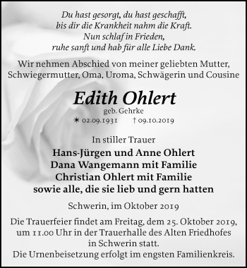 Traueranzeige von Edith Ohlert von Ostsee-Zeitung GmbH