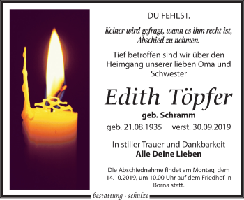 Traueranzeige von Edith Töpfer von Leipziger Volkszeitung