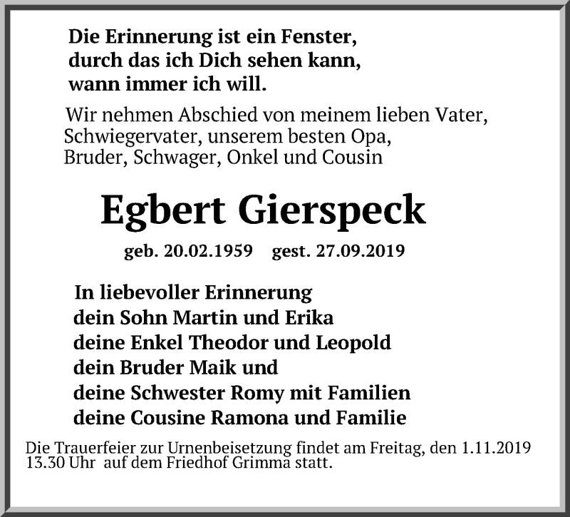  Traueranzeige für Egbert Gierspeck vom 30.10.2019 aus Leipziger Volkszeitung