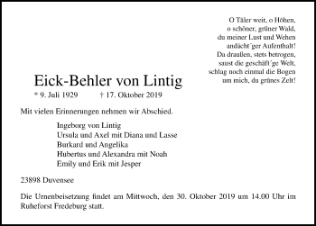 Traueranzeige von Eick-Behler von Lintig von Lübecker Nachrichten