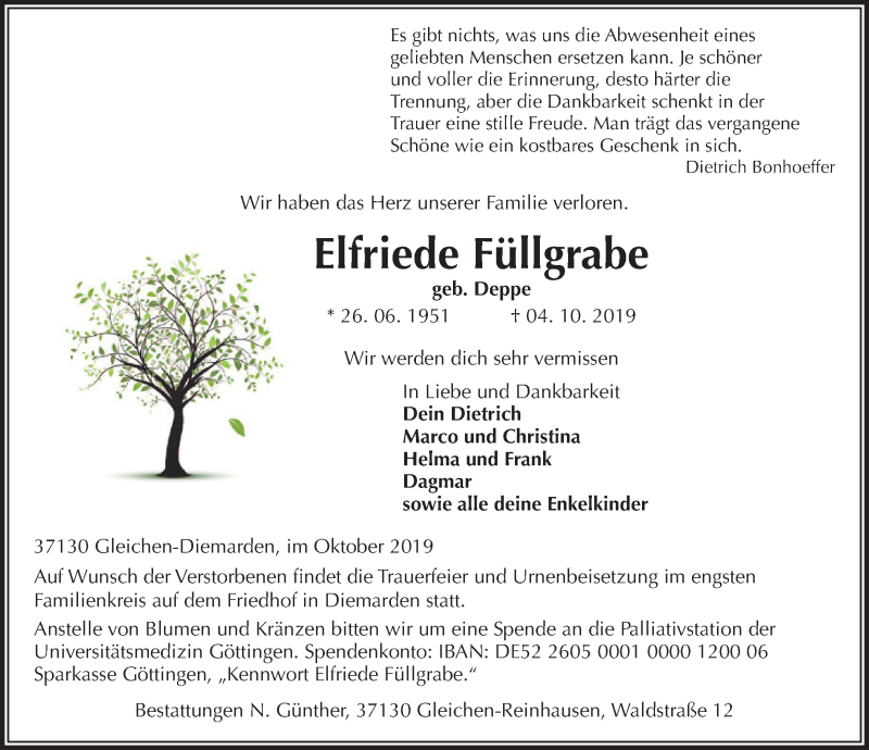  Traueranzeige für Elfriede Füllgrabe vom 12.10.2019 aus Göttinger Tageblatt