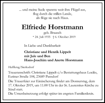 Traueranzeige von Elfriede Horstmann von Lübecker Nachrichten