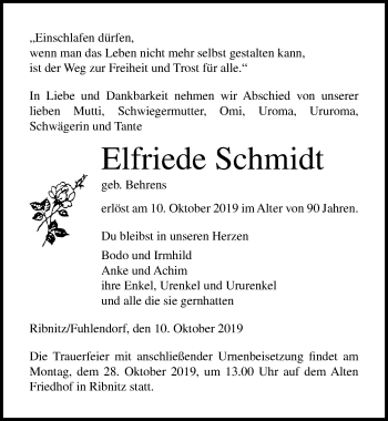 Traueranzeige von Elfriede Schmidt von Ostsee-Zeitung GmbH