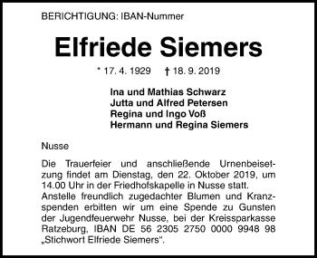 Traueranzeige von Elfriede Siemers von Lübecker Nachrichten