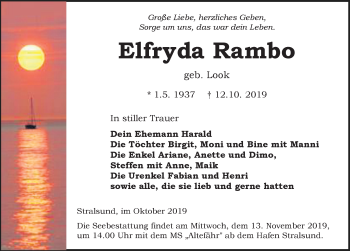 Traueranzeige von Elfryda Rambo von Ostsee-Zeitung GmbH