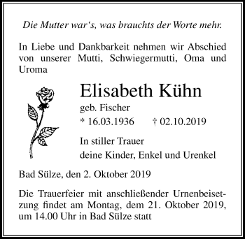Traueranzeige von Elisabeth Kühn von Ostsee-Zeitung GmbH