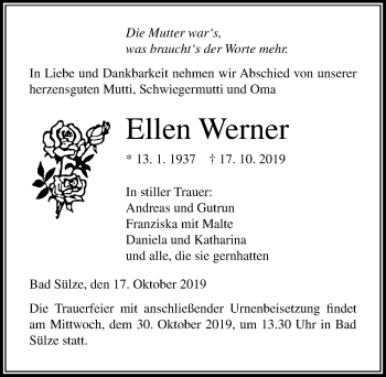 Traueranzeige von Ellen Werner von Ostsee-Zeitung GmbH