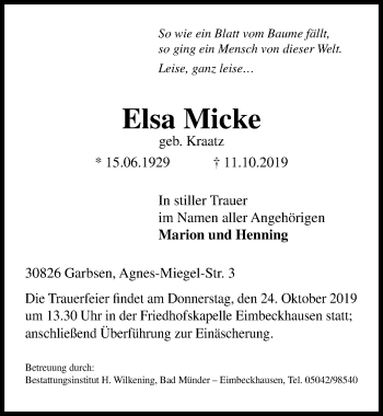 Traueranzeige von Elsa Micke von Hannoversche Allgemeine Zeitung/Neue Presse