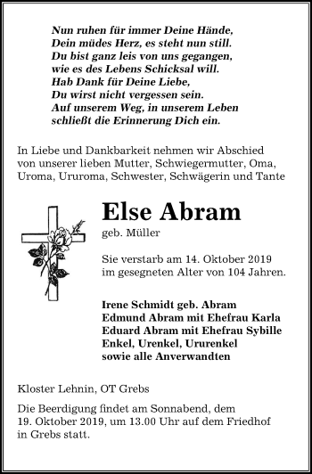 Traueranzeige von Else Abram von Märkischen Allgemeine Zeitung