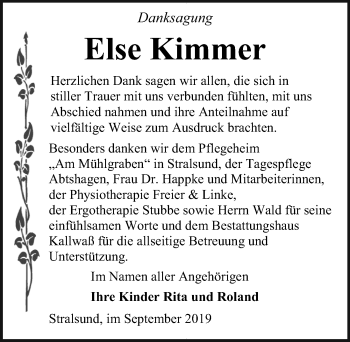 Traueranzeige von Else Kimmer von Ostsee-Zeitung GmbH