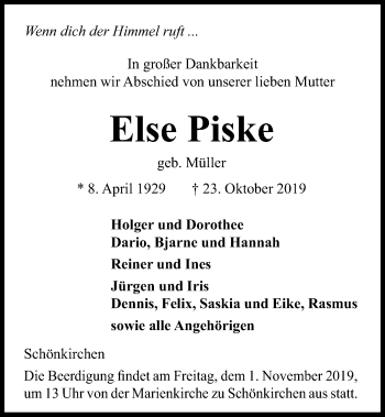 Traueranzeige von Else Piske von Kieler Nachrichten