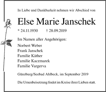 Traueranzeige von Else Marie Janschek von Ostsee-Zeitung GmbH