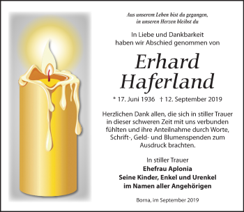 Traueranzeige von Erhard Haferland von Leipziger Volkszeitung