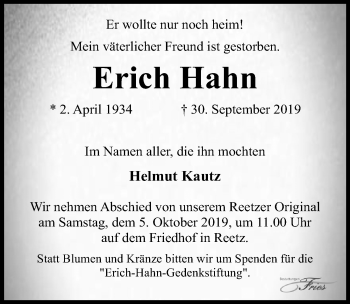 Traueranzeige von Erich Hahn von Märkischen Allgemeine Zeitung