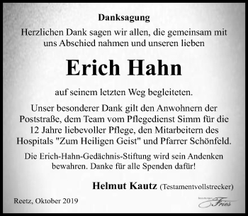 Traueranzeige von Erich Hahn von Märkischen Allgemeine Zeitung