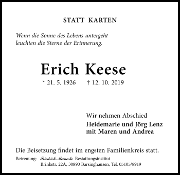 Traueranzeige von Erich Keese von Hannoversche Allgemeine Zeitung/Neue Presse