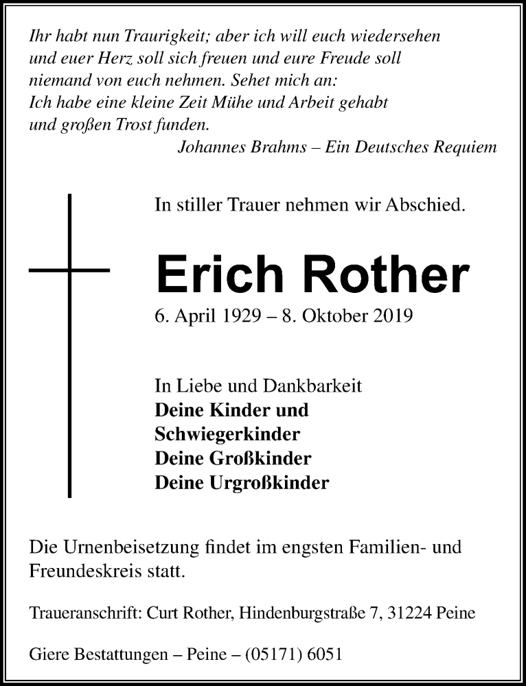  Traueranzeige für Erich Rother vom 12.10.2019 aus Peiner Allgemeine Zeitung
