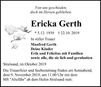 Traueranzeige von Ericka Gerth von Ostsee-Zeitung GmbH