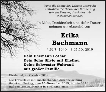 Traueranzeige von Erika Bachmann von Ostsee-Zeitung GmbH