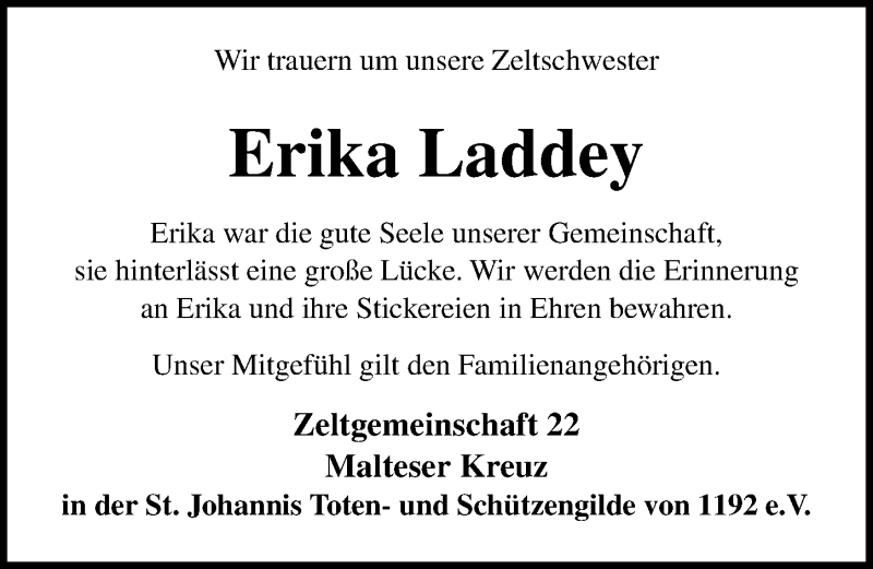  Traueranzeige für Erika Laddey vom 12.10.2019 aus Lübecker Nachrichten