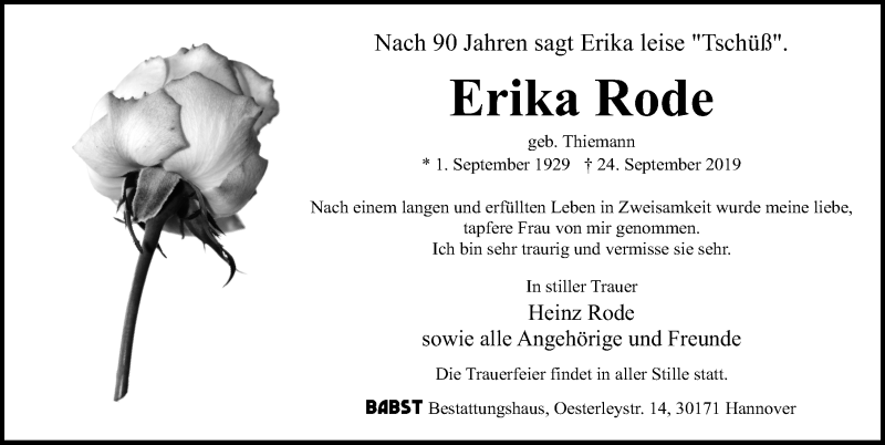  Traueranzeige für Erika Rode vom 23.10.2019 aus Hannoversche Allgemeine Zeitung/Neue Presse