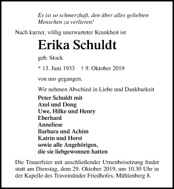 Traueranzeige von Erika Schuldt von Lübecker Nachrichten