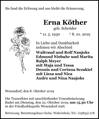 Traueranzeige von Erna Köther von Aller Zeitung