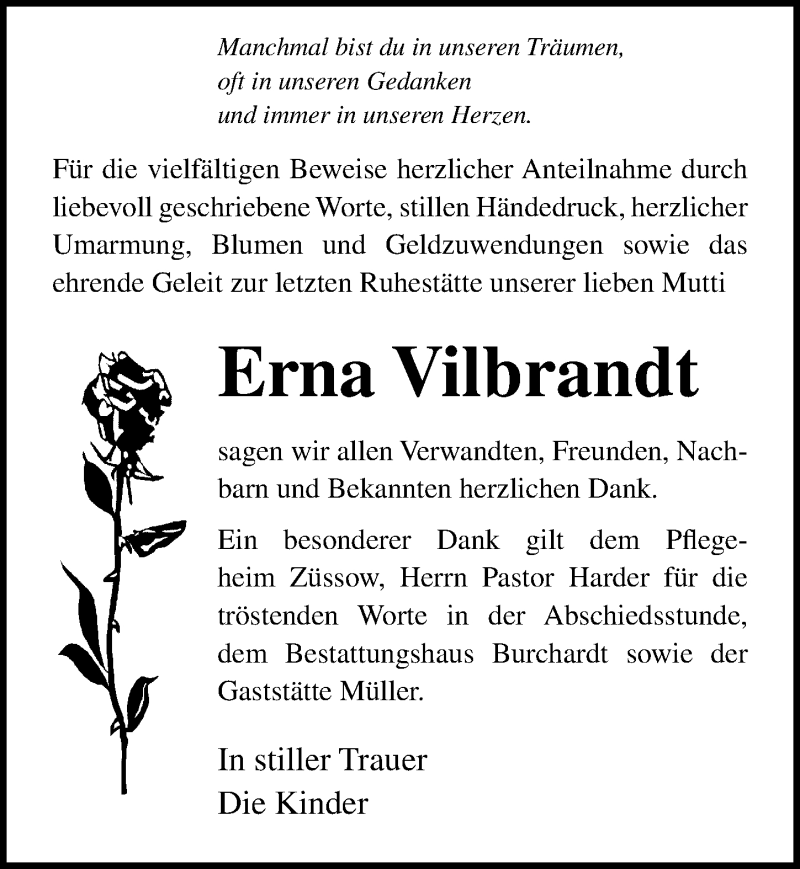  Traueranzeige für Erna Vilbrandt vom 26.10.2019 aus Ostsee-Zeitung GmbH