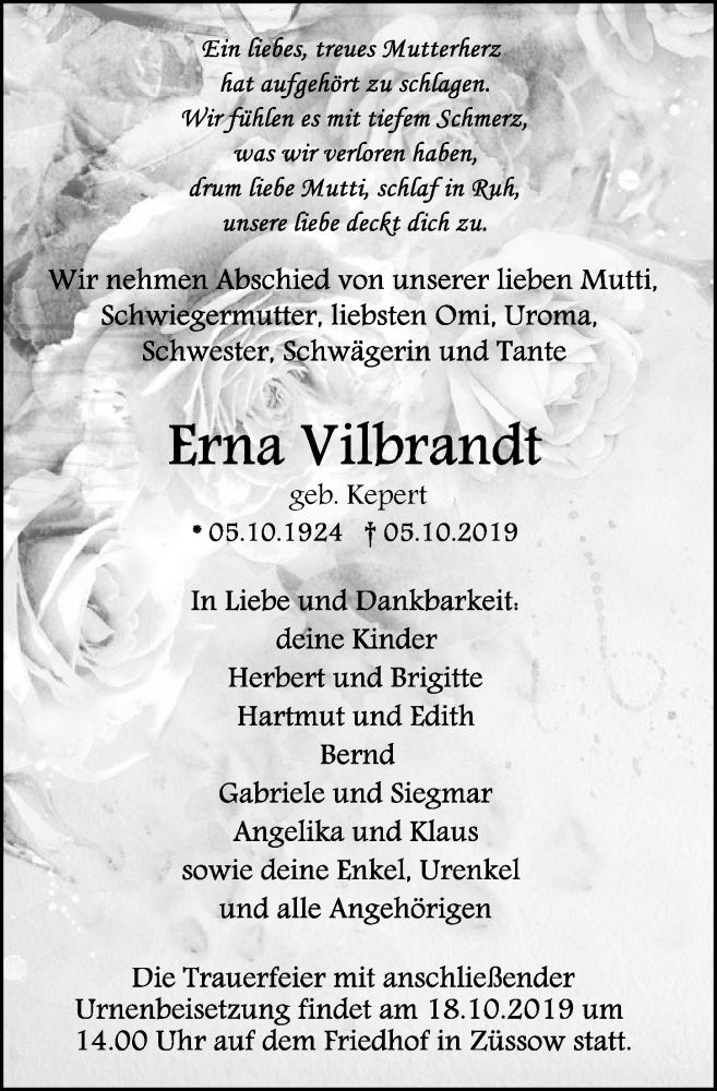  Traueranzeige für Erna Vilbrandt vom 12.10.2019 aus Ostsee-Zeitung GmbH