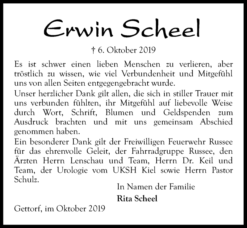  Traueranzeige für Erwin Scheel vom 26.10.2019 aus Kieler Nachrichten