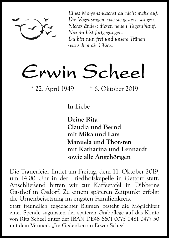  Traueranzeige für Erwin Scheel vom 09.10.2019 aus Kieler Nachrichten