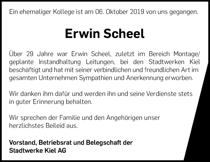  Traueranzeige für Erwin Scheel vom 12.10.2019 aus Kieler Nachrichten