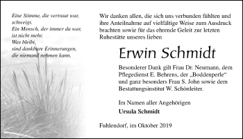 Traueranzeige von Erwin Schmidt von Ostsee-Zeitung GmbH