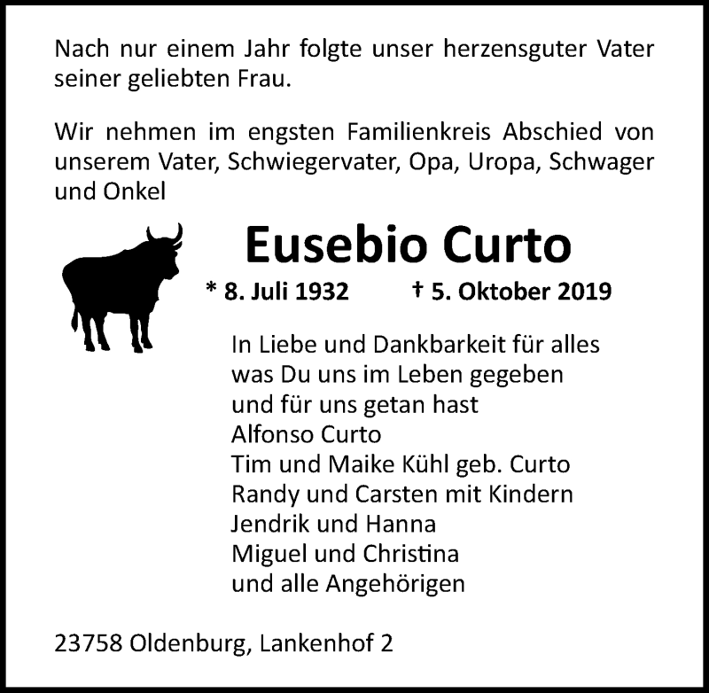  Traueranzeige für Eusebio Curto vom 12.10.2019 aus Lübecker Nachrichten